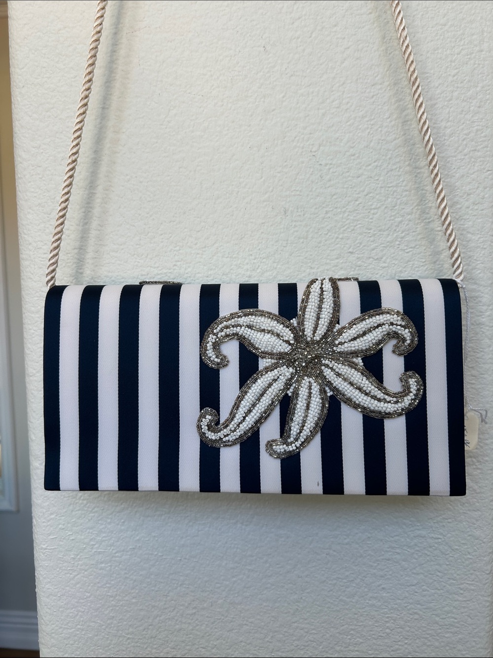 Victor Costa Navy and White Striped Clutch with Beaded Starfish